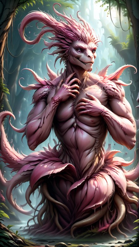 score_9, score_8_up, score_7_up, score_6_up,  <lora:AlarunePDXL:0.9>Alarune, creature, Pink and Silver colored petals, Black fauxhawk, in location bottomless pit, One Hand on Chin, Taupe  skin,  smirking