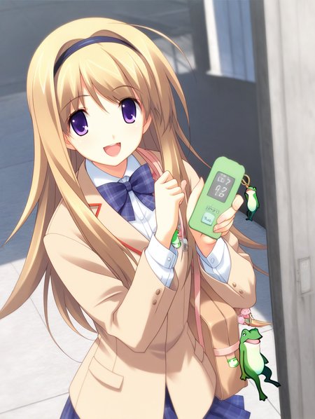 (masterpiece,best quality,ultra_detailed,highres,absurdres:1.2,amazing quality,very aesthetic),<lora:Nishijo Nanami _ilxl_v1-000013:0.8>,1girl,solo,phone,cellphone charm,cellphone,purple eyes,hairband,school uniform,bow,long hair,flip phone,smile,brown hair,open mouth,nanami\(cc\),standing,looking at viewer,brown jacket,upper body,blonde hair,frog mobile phone charm