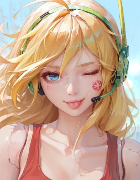 perfect quality, best quality, absolutely eye-catching,
watercolor, lldn, detailed drawing,
1girl, curly brace, portrait, smile, blonde hair, long hair, ahoge, headset, blue eyes, looking at viewer, one eye closed, tongue out, doll joints, number tattoo, red tank top, collarbone, wind, lens flare, 