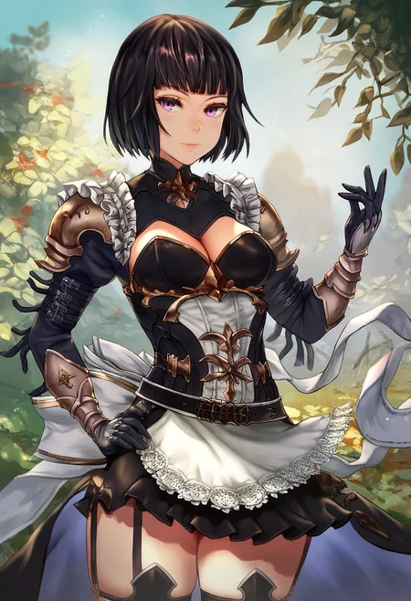 asanagi, (score_9, score_8_up, score_7_up, :1.2)  detailed, highres, absurdres, a girl standing outdoors in a pose, 1girl,   solo, standing, looking at viewer, pose, hand on hip, contrapposto ,
black hair, short hair, bob cut, frills, belt, blunt bangs, armor, gloves, black armor, skirt, shoulder armor, waist apron, cleavage cutout, garter straps,waist cape, medium breasts, back bow, purple eyes, skindentation,
hands, rating_safe   <lora:sdxl_asanagi_v1:0.4>    <lora:ErikaPonyTest:1>