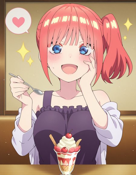 masterpiece, best quality, amazing quality,, <lora:nino-nakano-honeymoon-illustriousxl-lora-nochekaiser:1>, nino nakano, short hair, bangs, blue eyes, pink hair, blunt bangs, side ponytail, mature female, breasts, anime screencap, <lora:parfait-illustriousxl-lora-nochekaiser:1>, parfait, open mouth, heart, food, sparkle, fruit, happy, hand on own face, spoken heart, ice cream, strawberry, spoon, hand on own cheek, cherry, holding spoon, , ,