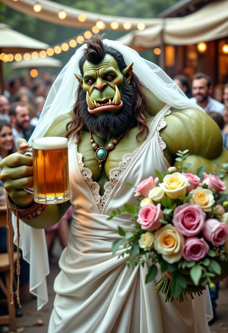 A close-up of a muscular male orc with green skin, sharp tusks, and a rugged expression, wearing a pristine white wedding dress. The dress is elegant and modest, with intricate lace details and a high neckline to keep it PG. A delicate bridal veil rests atop his head, framing his face and cascading down his broad shoulders. In one hand, he holds a frothy mug of ale, and in the other, a lush bouquet of flowers, their vibrant colors contrasting with his fierce appearance.
The orc’s expression is a mix of confidence and slight awkwardness, as if he’s fully committed to the moment but still getting used to the frilly attire. The background is softly blurred, with hints of a lively outdoor celebration—perhaps a rustic wedding reception—adding a touch of warmth and charm to the scene
