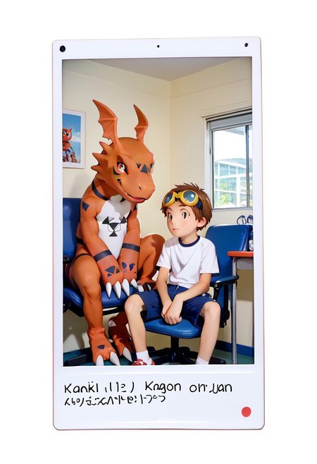 score_9, score_8_up, score_7_up, zPDXL2, 
,takato sitting chair hold guilmon,
1boy, solo, goggles on head, brown hair, jyojifuku, white shirt,  short sleeves, shorts, gym uniform,,,polaroid_photo,feral,digimon