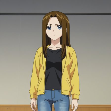 score_7_up, BREAK,  anime screencap, Misha Miramond, 1girl, solo, long hair,   brown hair, blue eyes,   <lora:Misha_Miramond_XL_Leaf1:1>,  black shirt, open jacket, jeans, cowboy shot,