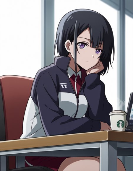 score_9, score_8_up, score_7_up, source_anime, <lora:yuika-shiwahime-s1-ponyxl-lora-nochekaiser:1>, yuika shiwahime, short hair, black hair, purple eyes,, shirt, jacket, necktie, shorts, sleeves past wrists, track jacket,, home office, working from home, computer screen, coffee cup, focus, deadline, , , sitting, elbow rest, table,, solo,, dutch angle, cowboy shot