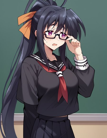 score_9, score_8_up, score_7_up, source_anime, <lora:akeno-himejima-ponyxl-lora-nochekaiser:1>, akeno himejima, long hair, black hair, ribbon, very long hair, purple eyes, hair ribbon, ponytail, antenna hair, large breasts,, <lora:jimiko-ponyxl-lora-nochekaiser:1>, jimiko, glasses, black-framed eyewear, messy, unkempt, thick eyebrows, twintails, braids, freckles, baggy eyes,, blush, open mouth, embarrassed, classroom, adjusting eyewear, serafuku, black serafuku, red neckerchief, skirt, black skirt, pleated skirt, cowboy shot, <lora:averting-eyes-ponyxl-lora-nochekaiser:1>, averting eyes,