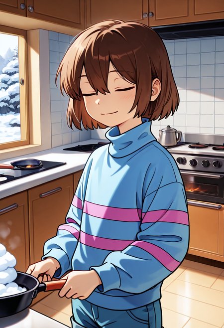 1 girl,,short hair, purple outfit,  frisk , brown hair, closed eyes,,, sweater, ,, solo, striped sweater, soft smile,, striped, ,  shorts,blue shirt,purple striped shirts, <lora:Frisk_new_ill:1>,turtleneck,frisk,pantyhoes<lora:add-detail-xl:1>,masterpiece,best quality,amazing quality,very aesthetic,absurdres,newest,huge filesize,<lora:spo_sdxl_10ep_4k-data_lora_webui:0.5>,detailed background,,holding a frying pan,,detailed background,kichen,,frying snow,a pile of snow on pan,,kitchen,cheff,cooking,, (portrai shot, upper body)