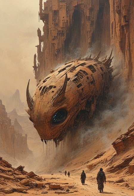 Dry riverbeds with rusting boats stand as silent monuments in a world drained of water. The composition includes  futuristic crystal skyscraper towering in the sky,  looking down on a suspended mid-air jet. create a sense of whimsy and mystery, evoking a cartoonish  in a desert,  Japanese animation, Skeletal survivors, their bodies wasted by thirst and hunger, wander through the dust  panoramic, engagement that reaches across a digital landscape. the bridge cybergoth fashion dog accounts for a small part of the picture,  existences in the background, towering mountains loom, all interwoven to create a sense of rhythm and flow.