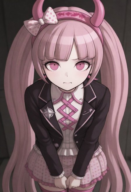masterpiece, best quality, amazing quality, kotoko, pink hair, pink eyes, long hair, very long hair, twintails, blunt bangs, horned hairband, bow,
