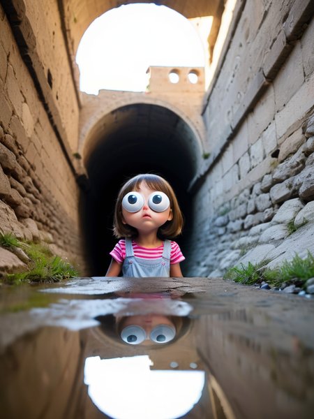 a girl, googly eyes, aqueduct, bottom view