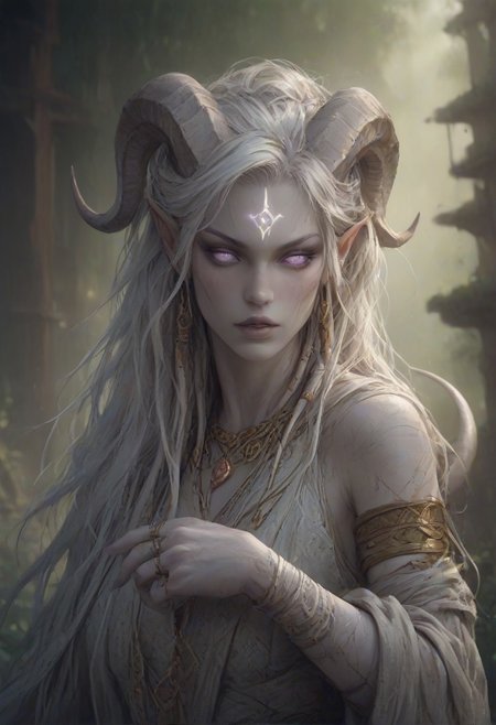 (absurdres, best quality, masterpiece:1.4), score_9, score_8_up, score_7_up, score_6_up, detailed, detailed body, detailed face, world of warcraft, fantasy, <lora:add-detail-xl:1.5>,
fFaceDetail, (female, draenei, h0rns, ram horns, white horns, tall, athletic arms, pale white skin, long white hair, purple eyes, no pupils, no sclera, long white tail, long fingers, purple fingernail polish), 
(long loose white dress, white silk scarf, tail under dress, simple armlet, small yellow gem pendant, small yellow gem earrings),
upper body, front view, looking at viewer, 
depth of field, outdoors, (fantasy faire, wooden village), (crowds in background, fantasy clothing, human, varied clothing)