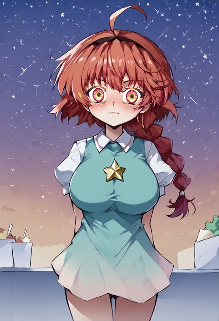 score_9, score_7_up,  source_anime, uncensored, flat color, vector trace, <lora:intricate_details:0.5> intricate_details_xl, supermarket, signature, multicolored background,  wide shot, breast focus, paper cutout,
1girl, solo, li, gigantic breasts, red hair, single braid, hair intakes, huge ahoge, very long hair, looking at viewer, Kanzu, arms behind back, :/,
<lora:Higurashi_Looper_Eyes_v1.1:1> looper eyes, gold eyes, glowing eyes, symbol-shaped pupils, eye reflection  <lora:Orenji_v3:1> orenji