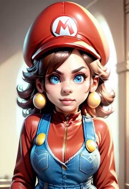 <lora:MtF_Genderswap:1>, genderswap \(mtf\), Mario, facing forward, mario hat, adult woman, extremely large nose, extremely bulbous nose, very wide face, circular head shape, wide chin, wide jawline, brown hair, lightly curly hair, blue eyes, average bust, wide hips, denim coveralls, red shirt, fully clothed, zPDXL, score_9, score_8_up, score_7_up, score_6_up, score_5_up, score_4_up,
full body render, full body, photorealistic image, realistic image, high quality, detailed face, realistic human proportions, detailed clothes,