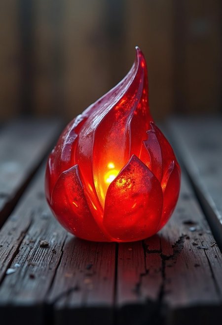 highly detailed red crystal flame (with fine textures) on a textured, weathered black wood surface, vibrant contrast between (crystal cherry) and (faded, peeling wood), depth and shadow enhanced using (gaussian blur) for a soft background focus, (sharpen filter) applied to the crystal flame, (color grading) to improve the contrast between warm and cool tones, (lens flare) subtly added to create natural lighting effect, (noise reduction) for a soft, clean finish, (HDR toning) used for extra depth and detail, emphasizing the intricate patterns in the crystal flame and wood grain