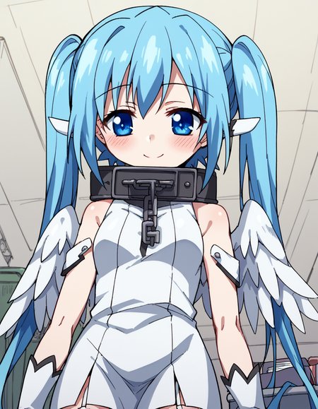 score_9, score_8_up, score_7_up, source_anime, <lora:otoshimono-nymph-s2-ponyxl-lora-nochekaiser:1>, nymph, long hair, blue eyes, twintails, blue hair, collar, chain,, thighhighs, gloves, wings, garter straps, dress, white dress, pelvic curtain, shoulder armor,, airport, waiting area, suitcase, flight delayed, passengers, reading book, , <lora:lap-pov-ponyxl-lora-nochekaiser:1>, lap pov, lap pillow, from below, ceiling, looking down, pov, blush, smile,, looking at viewer, solo,, dutch angle, cowboy shot