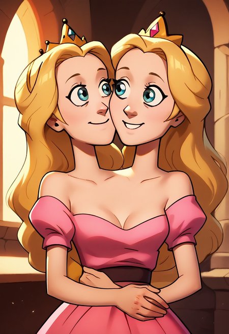 score_9, score_8_up, score_7_up, score_6_up, score_5_up,  tohstyle, princess, puffy sleeves,cleavage, solo, medium breasts, off-shoulder pink dress, 1girl with twoheads, looking at each other, eye contact, long hair, blonde hair, blue eyes, indoors, castle, bedroom, youthful, smile, content, self hug,