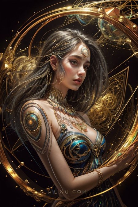 (((1girl))),(geometric abstract background:1.4), esoteric,  depth of field (zentangle, mandala, tangle, entangle) (photorealistic:1.4), official art, unity 8k wallpaper, ultra detailed, beautiful and aesthetic, masterpiece,best quality, (dynamic angle:1.4), glowing skin, (floating colorful sparkles:1) the most beautiful form of chaos, elegant, a brutalist designed, vivid colours, romanticism,back to camera,