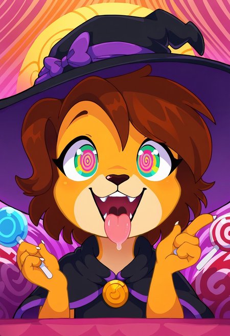 score_9, score_8_up, score_7_up, score_6_up, best quality, masterpiece, good_hands, BREAK,
Psychedelic background, candy background, dynamic angle, solo, headshot, face focus, close-up, BREAK,
(Keiko, brown hair, furry, tail, body fur, short hair, bangs) spiral pupils, hypnotized, black dress, witch hat, sitting on ground, (piles of candy), surrounded by candy, holding lollipop, lollipop in hand, lollipop beside head, open mouth, tongue, drool, smiling