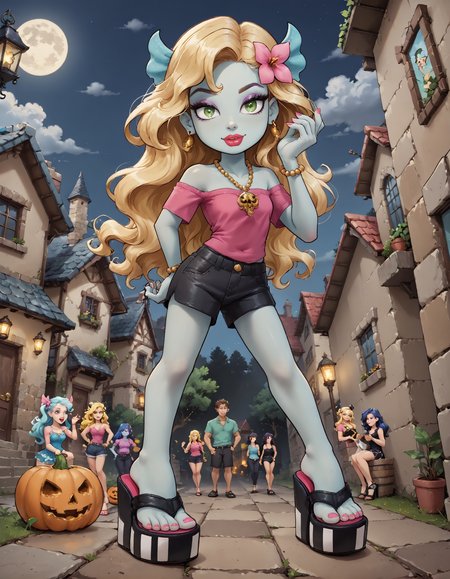 score_9, score_8_up, score_7_up, score_6_up, source_anime,
halloween scene, 
foot focus,
1girl,
zzLagoona, green eyes, blonde hair, blue hair, hair ornament, long hair, blue skin, pink shirt, makeup, jewelry, lipstick, necklace, bracelet, eyeshadow, flower, black shorts
standing, feet apart,
dungeon, night dark, fog,
ï»¿lag00na platform flip flops, (platform footwear:1.1), pink toenail polish,
embedding:zPDXLrl ,
embedding:zPDXL2 ,