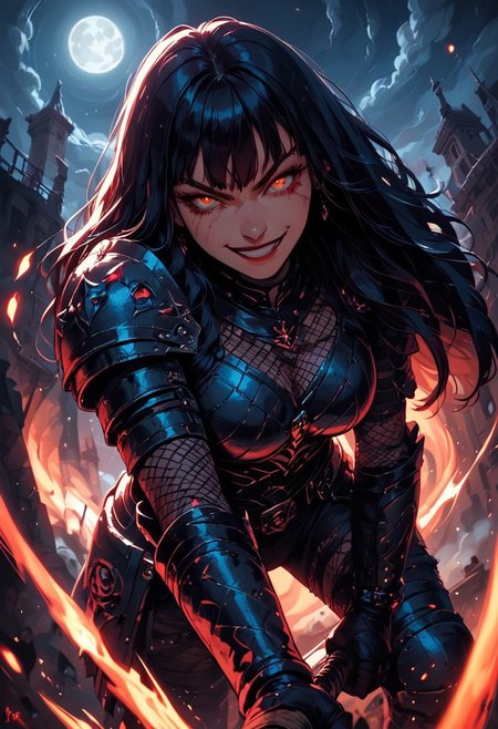 Score_9, Score8_up, Score_7_up, (((High Resolution, Best Quality))), 
1girl, beautiful, breasts, battle scarred, damaged armor, fishnets under armor, bangs, long hair, plated armour, holding sword, battle stance, dynamic angle, ancient fantasy city, battle-ready stance, dynamic pose, at night, moonlight, riding a nimbus cloud, nimbus, wukong theme, directional lighting, viewed from above,
Embers, firey glint in eye, partical effect, smirk, looking at viewer, stabbing, evil girl,