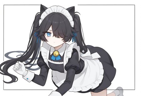 (Maid-kasli), solo, white gloves, dress, hair over one eye, maid apron, blue eyes, twintails, cat ears, maid headdress, maid, gloves, 1girl, apron, juliet sleeves, long sleeves, long hair, black hair, animal ears, bell,(Fall down),