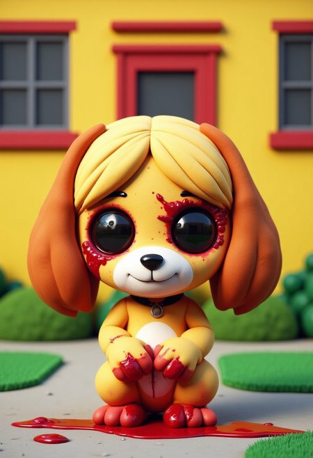 an image in the style of the tv show south park of A 3D-rendered isabelle (animal crossing), anthro-dog in a simple cartoon style with large plain eyes and a large round head. Simple and cute, standing in front of a yellow school building.  The image has a terrifying contrast between the adorable isabelle antrho-dog and the cute cartoon surroundings, and the realistic blood coming from her eyes and covering her paws, pooling on the ground in front of her.  The blood and eye lacerations should be rendered in extreme realistic detail making her an Ugly Cute monster creature