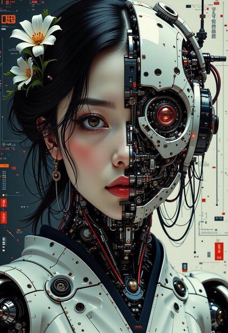 A digital artwork in the style of cknc,  in the style of ck-ncr, split image in two halves, one half shows a stunning oriental woman, dark hair, dark eyeshadow, red lips, the other half shows the woman as an android cyborg with ceramic face parts, revealing full transparent glass head with mechanical parts