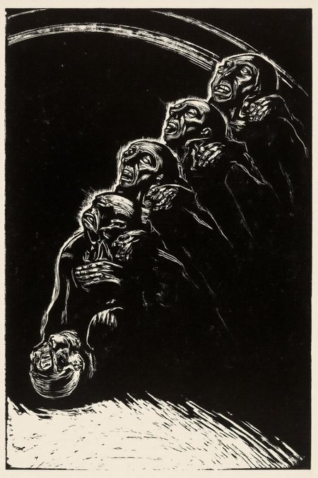 kako1 black and white woodcut print. 
This is a black-and-white, high-contrast woodcut print. The artwork features a dynamic, stylized scene of five figures, likely representing people, depicted in a dramatic, almost surrealistic manner. The figures are rendered in bold, white lines against a dark background, creating a stark contrast that emphasizes the intensity of the scene. The figures are arranged in a diagonal line, leaning forward. They are facing and looking upward, giving the impression of movement and struggle. <lora:kako3_woodcut_cap_d6a3e11:1.0><lora:817642480725003670:0>