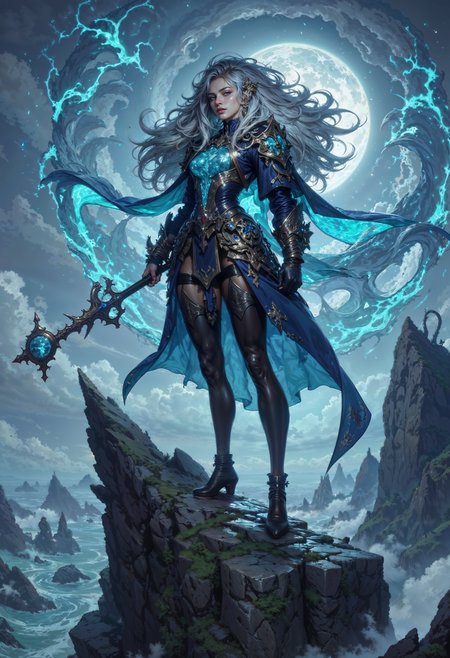 A tempestuous sylph who embodies the raw power of the skies, standing atop a jagged cliff overlooking the swirling mists of the Fae Realm. Her flowing, storm-gray hair crackles with streaks of lightning, and her piercing silver eyes glow like the heart of a storm. She wears armor forged from storm-forged metal and adorned with whorls of glowing blue energy. Her translucent, wind-like wings ripple with the energy of a gale, constantly shifting as if caught in an eternal wind. In her hand, she wields a staff crowned with a crystal orb that crackles with electric energy. Around her, the air hums with the power of a brewing storm, and faint echoes of thunder roll in the distance.