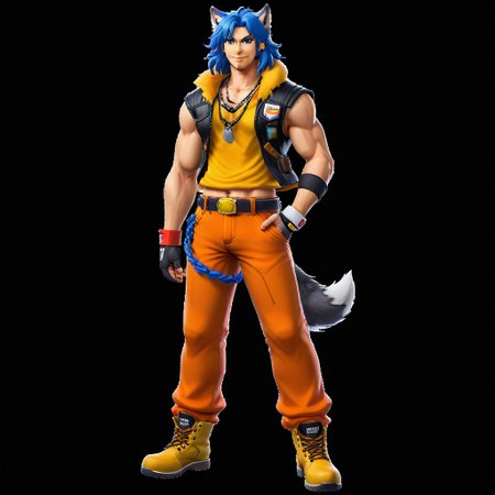 sleeveless. no tattoos, long hair, super muscular, holding, nintendo 3ds, black pants, wavy hair, fighter body, two-toned ears, hand on chest, boots, ear piece, face fur, anime, pectoral muscles, defined muscles, blue hair, orange pants, 1boy, styled body, red vest strings, chest hair, veiny body, chiseled jawline, earpiece, smile, wolf yellow body, chilling, wolf, arm behind head, analog tattoo, athletic, body hair, long tail, video game console, portrait image, vest strings, 1993 analog text, gloveless, black gloves. fingerless gloves, anime eyes, no shoes, headphone piece, soft shadows, holding a bag, analog number
