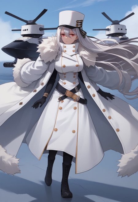 score_9_up, score_8_up, score_7_up, source_anime, extreamly detailed, beautiful detailed face, complex detailed background, 1girl, completely clothes, BREAK,
SOVETSKAYA ROSSIYA \(AZUR LANE\), SOVETSKAYA ROSSIYA REGULAR CLOTHES,  long hair, breasts, looking at viewer, large breasts, red eyes, gloves, hat, hair between eyes, very long hair, full body, white hair, boots, black gloves, belt, black footwear, uniform, coat, fur trim, buttons, white headwear, high collar, military hat, white coat, double-breasted, rigging, fur-trimmed coat