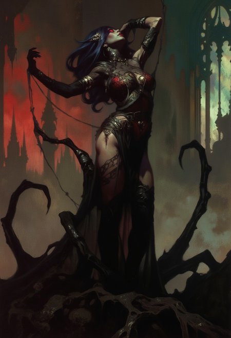 (masterpiece, best quality), Dark art in chdmchlwrd style, 
A tall, seductive spider woman with a dark, glistening exoskeleton and long, toned legs. Her upper body is human-like, with deep crimson skin and thick, midnight-blue hair cascading over her shoulders. She wears a sheer web-like dress that clings to her voluptuous figure, and her eight piercing red eyes glint with a predatory, mesmerizing allure. Shadows cling to her as she moves, creating a tense, dangerous atmosphere as she weaves her silken trap.
,big butt, booty, bubble butt, emphasis on her ass, seductive,
, detailxl