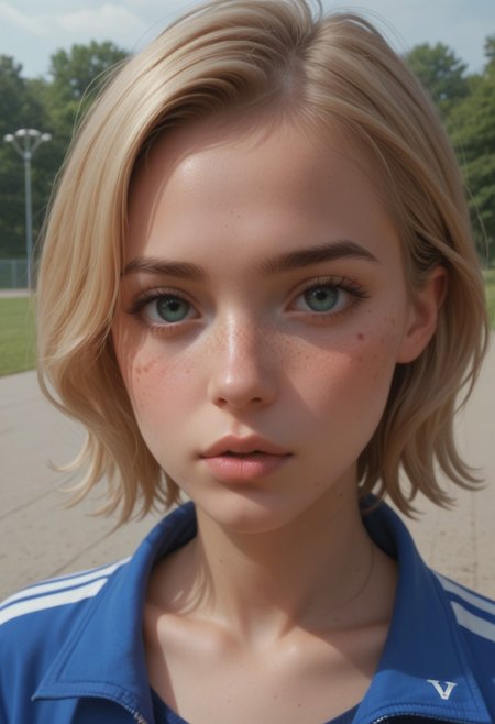 score_9, score_8_up, score_7_up, score_6_up, score_9, score_8_up, score_8, ((portrait, close up, face focus)), 1 girl, 18 year old girl, ((mean expression, closed lips)), leu_hanna2, ((freckles)), blonde short hair, flat chest, perfect round boobs , cute sweet girl, beautiful woman , slim legs, pouty lips, dynamic view, blush, 
shy, arched back, wearing sport outfits, jacket, park