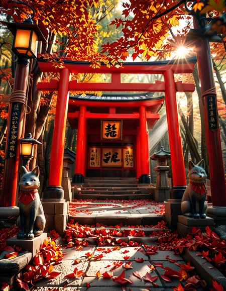A breathtaking Inari shrine hidden within a serene Japanese forest during autumn. The scene is illuminated by the soft glow of traditional stone lanterns, casting warm golden light on the vibrant red torii gates that form a mesmerizing tunnel leading up the shrineâs stone steps. The ground is covered with delicate fallen maple leaves in shades of crimson, orange, and yellow. Kitsune (fox) statues with intricate details guard the entrance, wearing red bibs symbolizing their sacred role. The shrineâs wooden structure is adorned with ancient calligraphy and shimenawa ropes, exuding a mystical and spiritual atmosphere. Sunlight filters through the dense foliage, creating a tranquil interplay of light and shadow. The air feels crisp and filled with a sense of reverence and peace. The image is captured in a hyper-detailed, photorealistic style, with high dynamic range lighting enhancing the depth and richness of the colors.
<lora:SDXLFaeTastic2400:0.4> <lora:extremely_detailed:0.4> extremely detailed, <lora:Inari_shr1n3:1>,Inari shr1n3, Masterpiece,best quality,hi res,8k,hi res,8k,award winning,(sharp focus, intricate, highly detailed),