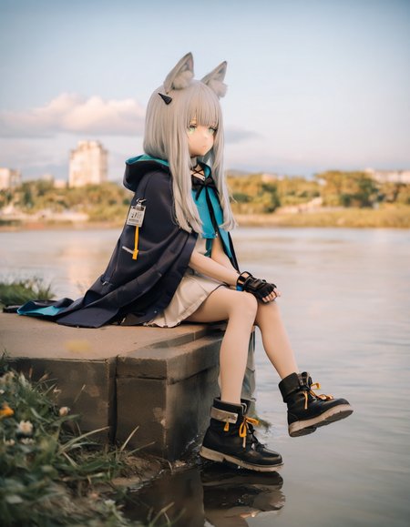 1girl,
rosmontis \(arknights\),
solo, green eyes, flat chest, animal ears, cat ears, white hair, jacket, full body, street, grass, river, sitting, (blurry:1.1), film grain, bare legs, sky, boots, water, fingerless gloves, blurry background, cat girl, cat, cape, dress, white dress, long hair, black footwear, black gloves, blue cape, road, expressionless, outdoors, blue sky, hood, cloud, animal ear fluff, gloves, black jacket,
masterpiece, best quality,  safe
<lora:kig_xl_v1:0.8>
