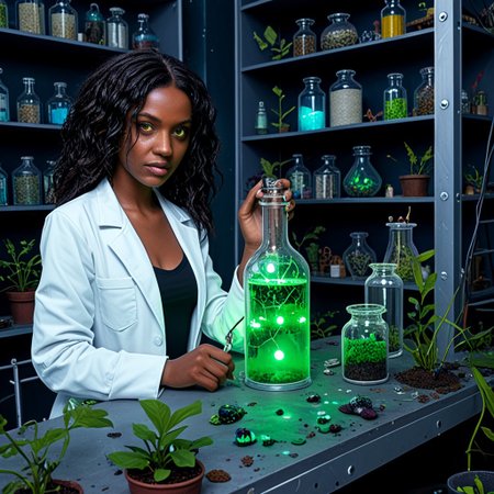 , dark skinned female mad scientist, dirty lab coat, cluttered messy laboratory, insect specimens, cryptozoologist, many plants, Shelves of a bioluminescent pixies, nymphs and fairies in a glass jars. eerie.Dark Fairy neon colours, in a laboratory, 
Fantasy style. Fantasy dreamlike art.
Female Mad scientist,Glowing Style