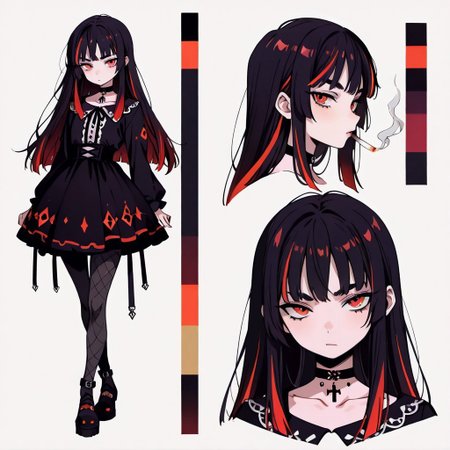 Goth girl, young adult, long straight black hair with red highlights, red eyes, smoking, pantyhose, black choker
CharacterDesignIllustrious,,, reference sheet, simple white background, (color guide:1.2), (multiple views), (full body), dynamic pose,,, donbiki