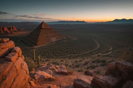 raw photo, a sunset landscape, Arizona desert, Saguaro Cactus, Tall Mesa,  cozy, photorealistic, high detailed texture, 8k uhd, dslr, soft lighting, high quality, film grain, Fujifilm XT3, Sony A7 IV, highly detailed photography, (muted colors, cinematic, dim colors, soothing tones:1.2), vibrant, insanely detailed, hyperdetailed, (dark shot:1.2), (vsco:0.3), (intricate details:0.9), (hdr, hyperdetailed:1.2) (highest coherency: 1.39) (highest quality: 1.39) (rule of Thirds) (award winning) (breathtaking) (masterclass) (vibrant color: 0.79) (distant hillside) (tall ancient towers in distance; 1.39) (great pyramid emerging from canyon)