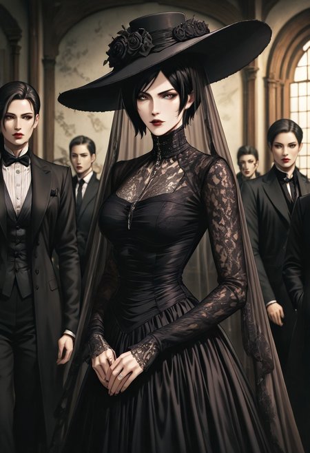 masterpiece, best quality, newest, absurdres, highres, anime, anime style, VGE-V1.0, goth fashion, victorian, solo, solo focus, female focus,

1girl, Ada_wong, \(resident evil\), asian, asian female, short hair, black hair,



hat, round hat, veil, dress, formal,




