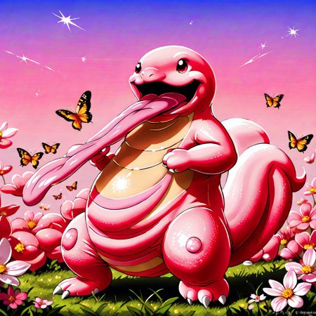 photo of Lickitung, dancing in a wild field of fire, among a starry sky, filled with butterflies, open ocean breeze