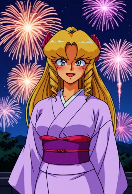 score_9,score_8_up,score_7_up,source_anime,5_figner,2d_animation,game cg,BREKE,1girl,solo,
Hamagurihime,blue eyes,blonde hair,drill hair,long hair,bangs,jewelry
lightpurple kimono,purple obi,sash,japanese clothes,large breast,
retro artstyle,1990s \(style\),
smile,cowboyshot,openmouth,lovey-dovey,blush,
Kyoto,Night,firework,
masterpiece,best qualit,ultra-detailed,illustration,an extremely delicate and beautiful,beautiful detailed eyes,unity 8k wallpaper,high resolution,anime CG,official_art,