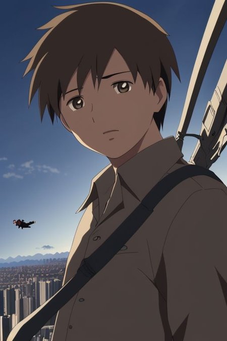 high resolution, solo, best quality, 1Boy, Takaki Toono, Brownish Hair, Brown Eyes, free fall, sky , OverallDetail