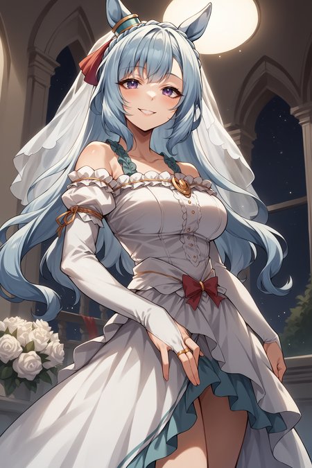 score_9, score_8_up, score_7_up, , rating_general ,1girl , ards, crown braid, horse ears, ear ornament, drill sidelocks, twin drills,  wedding dress, wedding ring, bridal gauntlets, bridal veil,  dynamic angle , source_anime    ,  cowboy shot, indoors, naughty face, smile, night, outdoors, <lora:ArdanPDCAME UMA:1>,