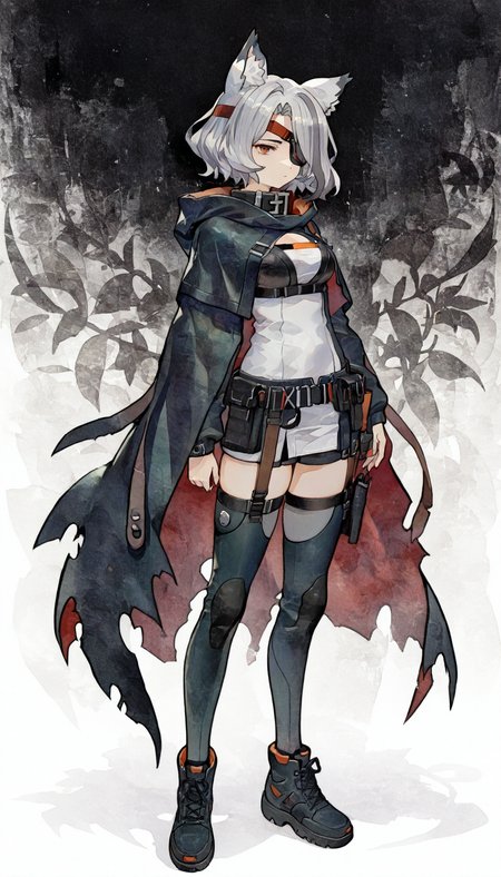 masterpiece, best quality, cel-shaded, anime style, thick black outlines, lineless shading, watercolor, watercolor texture, floral background,

1girl, solo, full body, short grey hair, animal ears, eyepatch, cape, collar, hood down, confident, 
