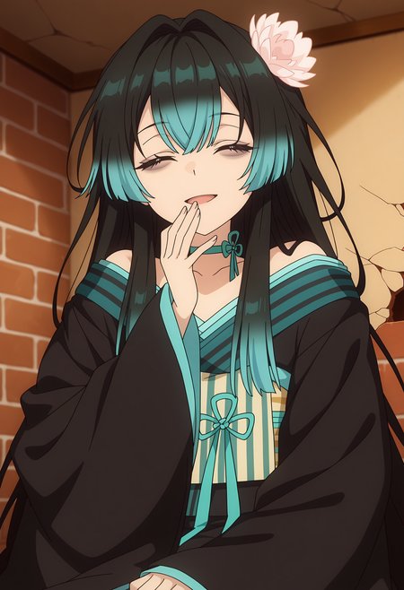 anime screencap, masterpiece, best quality,
<lora:YamiHealer_Carmilla_IlluXL:0.9>,
1girl, solo, open mouth, light smile, ^ ^, hand to mouth,
long hair, hair intakes, multicolored hair, black hair, aqua hair, closed eyes, hair flower, bags under eyes,
off shoulder, black kimono, aqua trim, ribbon choker, aqua choker, sash, sleeves past wrists,
sitting, looking at viewer, 
indoors, brick wall, crack, ceiling, brown background, blurry background