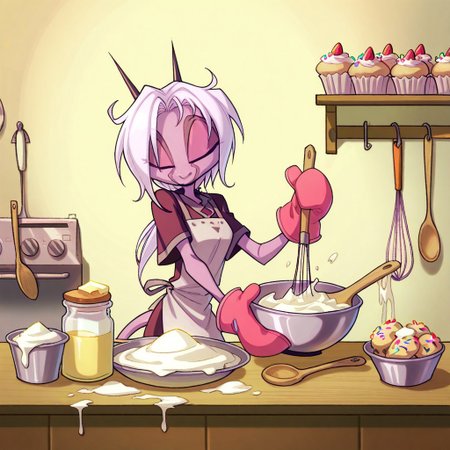score_9, score_8_up, score_7_up,namah_calah,
1girl,solo,furry,tail, source_furry,horns,
 ,<lora:namah_calah_illustrious:0.8>,
kid,
flour, sugar, eggs, mixing_bowl, whisk, muffin_tin, oven_mitts, apron, strawberries, kitchen_counter, butter, sprinkles, wooden_spoon
Scene: A cheerful kitchen bathed in morning light, where someone whisks a batter of flour, sugar, and eggs in a big, pastel-colored mixing bowl. Tiny muffin tins are lined up, each filled with a dollop of batter and a fresh strawberry on top. The counter is dusted with flour, sprinkles spill from a jar, and a stick of butter melts slowly nearby. Oven mitts hang on a hook, ready for the tray to slide into the warm oven, filling the air with a sweet, cozy scent.
