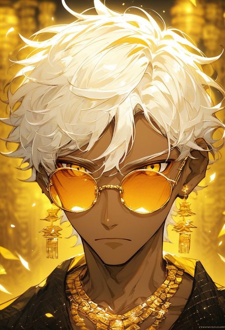 score_9, score_8_up, score_7_up,  
c0l0r1f1c4t10n0r4ng3,ColorificationOrange,Colorification Orange, solo, looking at viewer, short hair, 1boy, jewelry, closed mouth, yellow eyes, white hair, male focus, earrings, glasses, dark skin, necklace, blurry, depth of field, blurry background, sunglasses, dark-skinned male, ring, portrait, round eyewear, tinted eyewear, gold, yellow theme, orange-tinted eyewear