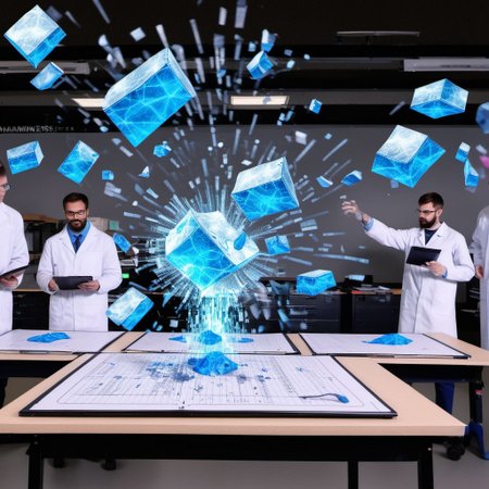 holograms of hammers smashing the holograms, so the hammers are made out of holograms but they are also smashing the holograms. inside a clean science setting with scientists with clipboards