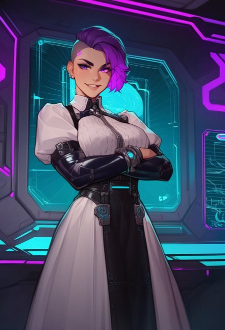 score_9, score_8_up, score_7_up, score_6_up, 
1girl, solo, french maid, reptilian features, purple eyes, slightly muscular body type, medium breasts, glowing dark blue scales with black edges, smirking expression, short hair, sidecut, dark purple hair with teal tips, layered maid dress with leather straps, silver bracelet, standing with crossed arms, spaceship control room, holographic displays glowing around, faint neon light, futuristic vibe.