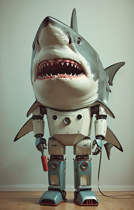 masterpiece,best quality,<lora:tbh336-sdxl:0.6>,illustration,style of massive Swedish shark portrait of Housework robots